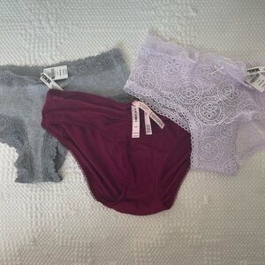 PINK Victoria's Secret Lace Trim Panty Trio - Gray, Lavender, Burgundy